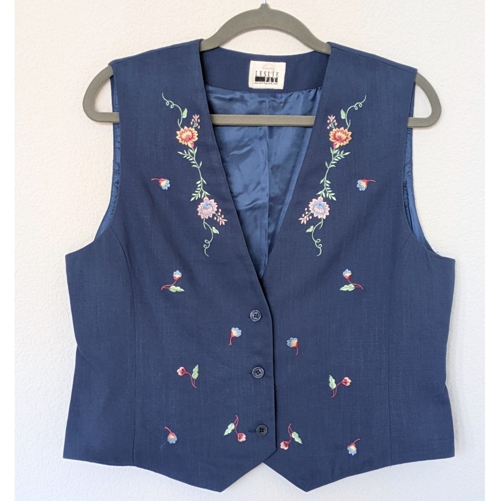 Leslie Fay Sportswear Embroidered Floral Vest Women Large Navy Blue Vintage Boho